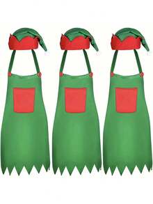 2 Pieces Unisex Christmascostume Set, Featuring A Festive Green Apron With A Red Pocket And A Santa Hat, Perfect For Holiday Party Accessories.