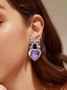 1 Pair Of Gorgeous Pink Heart Shaped Earrings, Exquisite Bow Earrings For Ladies Earrings, Elegant Jewelry Accessories, Wedding Engagement Jewelry, Dinner Prom Decorations, Mother's Day Gifts For Mom - Pink - View 19