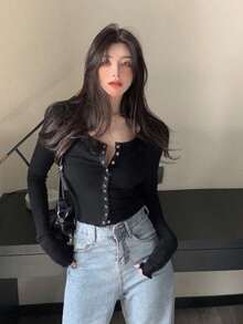 Women's Autumn Simple Solid Color Front Button Fitted Long Sleeve T-Shirt Casual Black Spring - Black - View 4