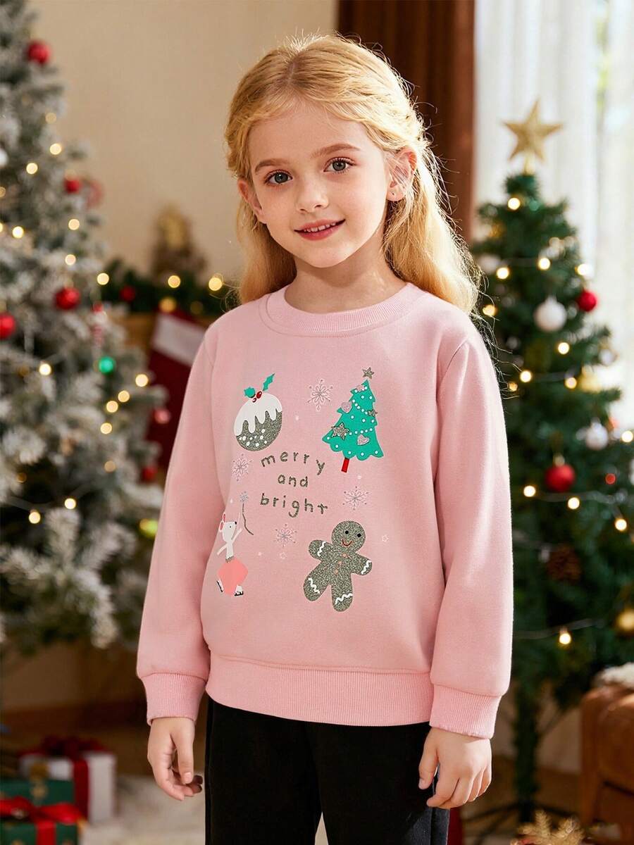 Young Girl Christmas Cartoon Christmas Tree Print Long Sleeve Sweatshirt, Party Wear In Autumn/Winter