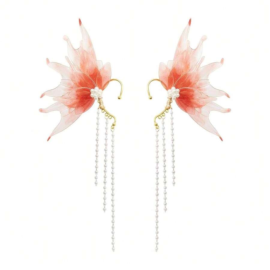 Stunning Mermaid Elf Ear Cuffs With Pearl Tassel, Non Piercing Elven Wrap Clip On Earring For Anime Cosplay Costumes, Halloween Mermaid Accessories Women Men{"Color_name":"Red","Size_name":"OneSize"} - 紅色的 - 查看 1
