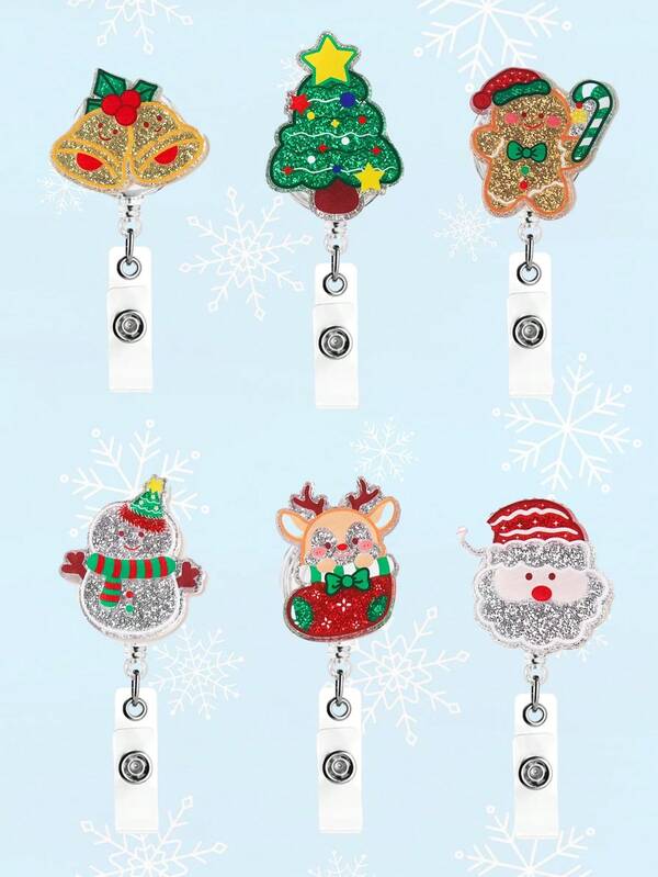 1Pc Cute Cartoon Christmas Acrylic Christmas Tree, Santa Claus, Snowman, Bell, Christmas Stocking, Gingerbread Man Pattern Element Telescopic Buckle Accessory Fashion Decoration, Suitable For Card Holders, Work ID Cards, ID Cards, Student Cards, Access Cards, Keychains,