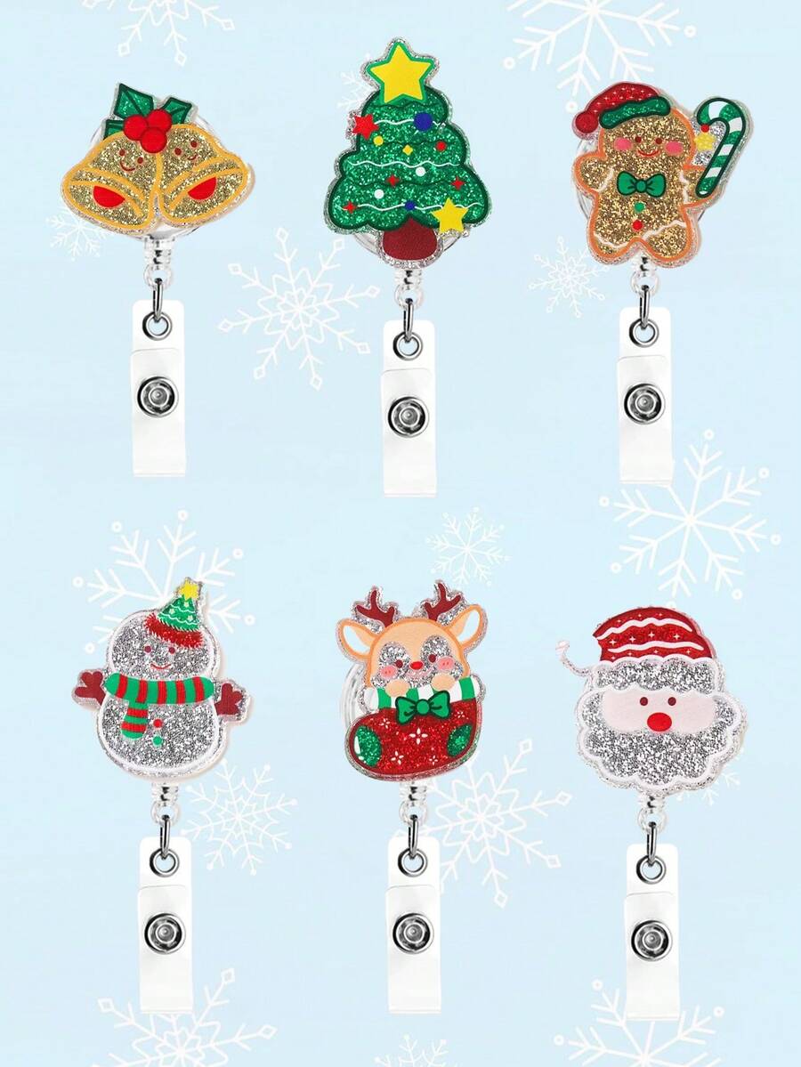 1Pc Cute Cartoon Christmas Acrylic Christmas Tree, Santa Claus, Snowman, Bell, Christmas Stocking, Gingerbread Man Pattern Element Telescopic Buckle Accessory Fashion Decoration, Suitable For Card Holders, Work ID Cards, ID Cards, Student Cards, Access Cards, Keychains, Backpack Decoration
