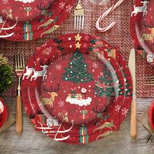 130pcs Red Christmas Disposable Tableware Set, Including 30 Paper Cups, 30 7-Inch Paper Plates, 30 9-Inch Paper Plates And 40 Paper Napkins, Perfect For Camping, Patio Barbecues, Picnics,Weddings,Christmas, Parties And Birthdays, Suitable For Party Decorations, Home Decorations, Birthday Decorations, Birthday Party Decorations,