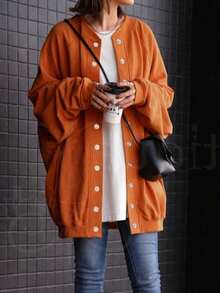Plus Size Knit Long Sleeve Shirt-Style Cardigan, Button Front, Regular Length, For Women, Slightly Stretchy Fabric - Orange - View 5