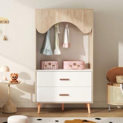 Children's Wardrobe, Clothes Rail Wardrobe, With Drawers, Open Wardrobe, Solid Wood Handles, Made Of Particleboard, White+Natural Wood, 80*141.5cm