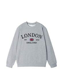 Damen Herbst/Winter Neuer Stylischer Ins-inspirierter Farbblock Englisch Muster Lässiger Rundhals Modischer Vielseitiger Sweatshirt - Dunkelgrau - Übersicht 5