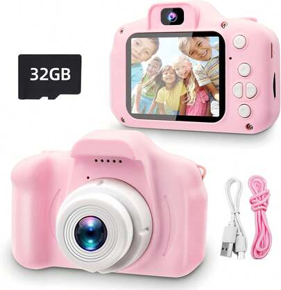 Cámara para Niños, Cámara Infantil con 32GB Tarjeta de Memoria Micro SD, Cámara Fotografica con 1080P HD y Pantalla IPS de 2.0, cámara digital para niños 3+ Años, Regalo para Cumpleaños, Navidad