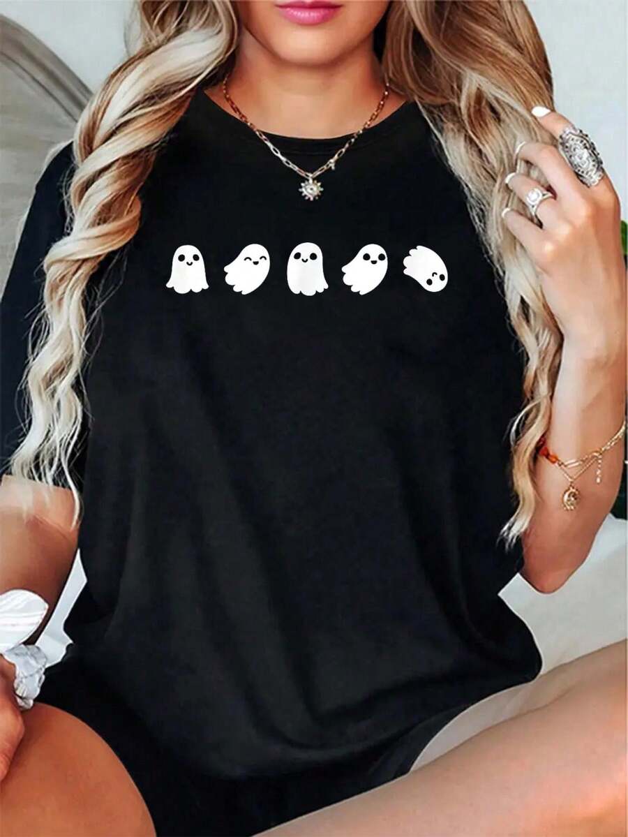 Cute Kawaii Halloween Ghosts T-Shirt -Autumn 100% Cotton Maple Leaf Printed Round Neck T-Shirt, Thanksgiving Halloween Short-Sleeved Top - Black - View 1
