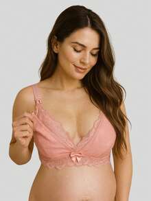 Reinforced Lace Nursing Bra For Pregnant Women, Easy Open Postpartum. - 乾枯玫瑰色 - 查看 2