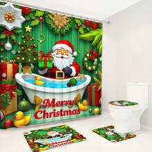 1pc/4pcs Green Christmas Shower Curtain Set: Santa Claus Bathtub Gift Theme, Elegant Housewarming Shower Curtain Gift, Modern Home Bathroom Decor Curtain, Shower Curtain With 12 Hooks, Non-Slip Bath Mat, U-Shaped Toilet Mat, Toilet Lid Cover, Bathroom Decor Set