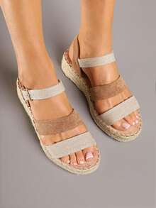 Sandals With Decorative Straps And A Braided Wedge - Camel - View 4