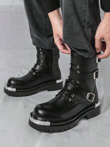 男士厚底德比靴，朋克风格系带金属孔眼户外休闲靴，三扣设计高帮登山靴 - 黑色 - 查看 5