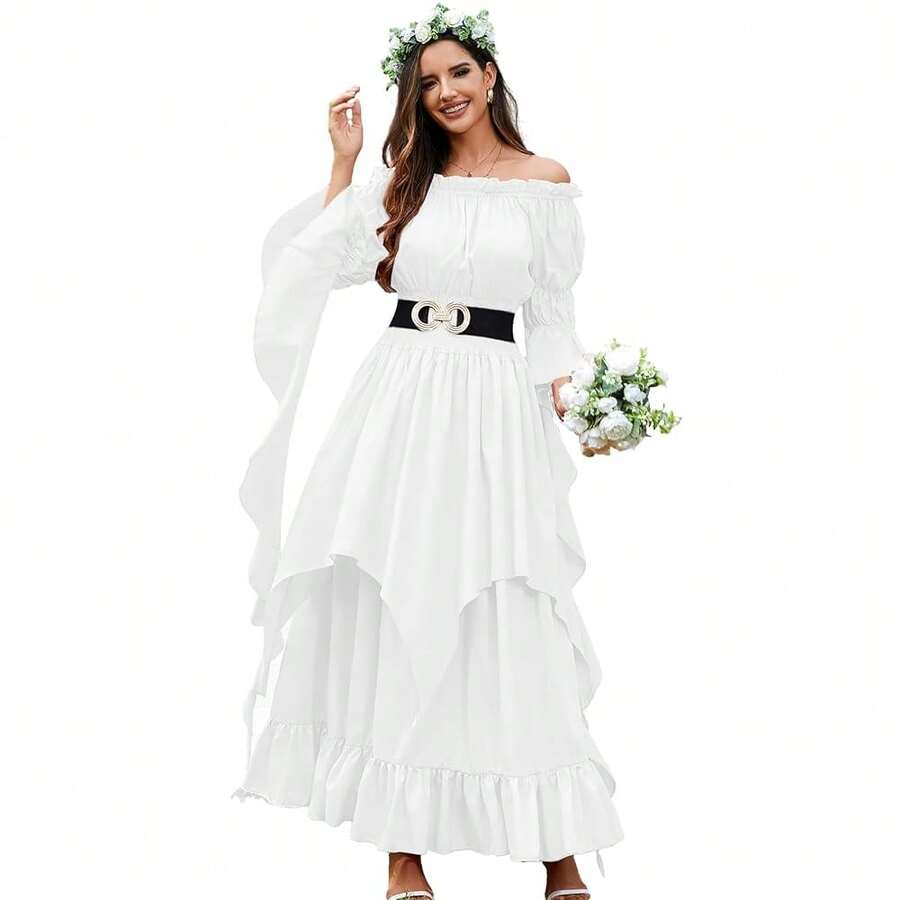 Renaissance Dress Women Victorian Medieval Gothic Witch Fairy Wedding Beige Off Shoulder Puff Sleeve Ruffle Dresses{"Color_name":"03-White","Size_name":"XX-Large/3X-Large"} - 03-白色 - 查看 1