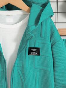 Set de 2 piezas Chaqueta con capucha con cremallera y pantalones de unicolor casual para niños, primavera/otoño - Agua verde azul - Ver 4