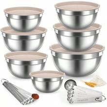 Juego de cuencos para mezclar con tapas hermticas, 28 cuencos de acero inoxidable con tazas medidoras y 14 cucharas medidoras para cocinar, hornear, servir, almacenamiento de alimentos, tamao 5.5 - Caqui + 7+14 - Cuencos y cucharas - Ver 2