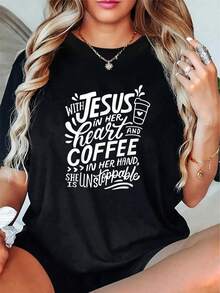 With Jesus In Her Heart And Coffee In Her Hand T-Shirt - 100% Cotton Patterned Women's Thanksgiving And Halloween Maple Leaf T-Shirt, Women's Autumn Top - Black - View 1