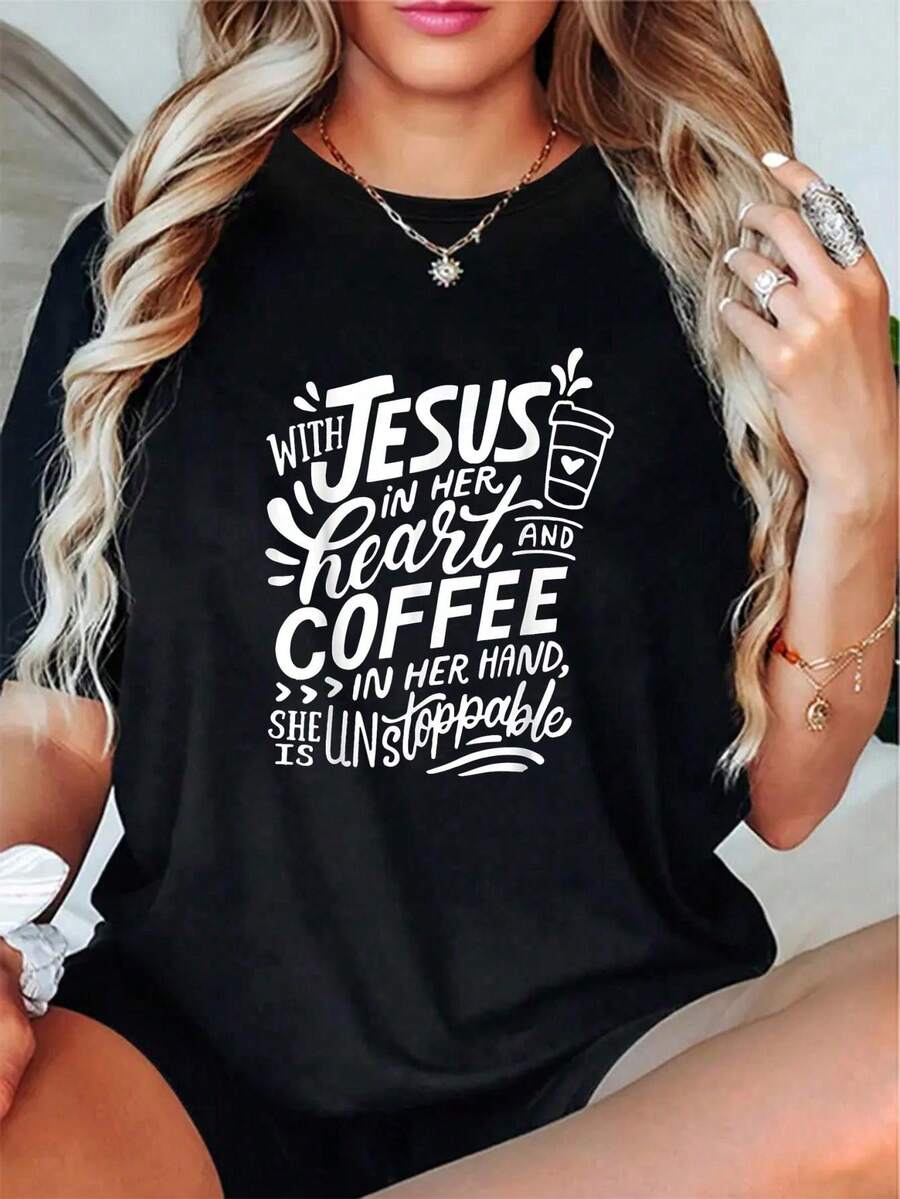 With Jesus In Her Heart And Coffee In Her Hand T-Shirt - 100% Cotton Patterned Women's Thanksgiving And Halloween Maple Leaf T-Shirt, Women's Autumn Top - Black - View 1