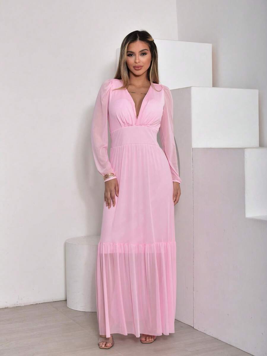 Women's Long Tulle Dress With Long Sleeves For Wedding Party - Màu Hồng baby - Xem 1