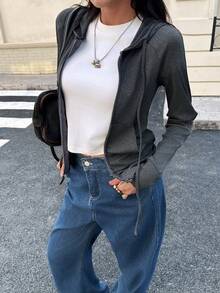 女士初秋休闲修身夹克，简约设计 - 深灰色 - 查看 4