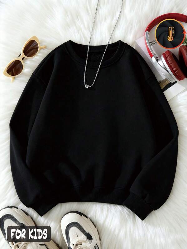 Mädchen-Sweatshirt aus Baumwolle mit überschnittenen Schultern, dicker Stoff, warm und verdickt, Rundhals-Sweatshirt für Herbst und Winter, lockeres, lässiges Sweatshirt, lange Ärmel, geeignet für Kleidung bei kaltem Wetter