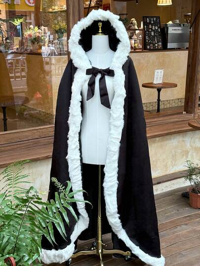 1pc Women's Classic Black Thickened Cloak Cape, Suitable For Stage Performance, Wedding Ceremony, Winter Outerwear, Long Hooded White Shawl With White Fur Trim