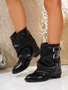 Women's Retro Western Cowboy Boots, Thick Sole Mid-Calf Boots With Zipper, Belt Buckle, Round Toe, Chunky Heel, Side Zipper, Western Style Holiday Boots