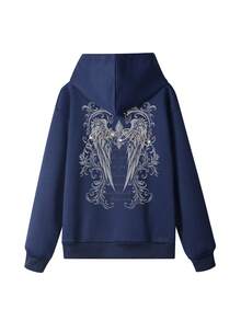 新款简约天使翅膀印花休闲圆领长袖T恤，时尚百搭，适合女士羊毛连帽T恤，秋冬 - 藏蓝色 - 查看 10