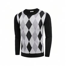 Men's Crew Neck Sweater Slim Fit Lightweight Sweatshirts Knitted Pullover For Casual Or Dressy Wear - 黑色菱形花紋 - 查看 6