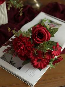 1 Bó hoa giả, gồm hoa hồng giả, hoa cúc giả và bồ công anh giả, thích hợp cho đám cưới, trang trí tiệc tại nhà và làm vật trang trí bàn. - Đỏ - Xem 3