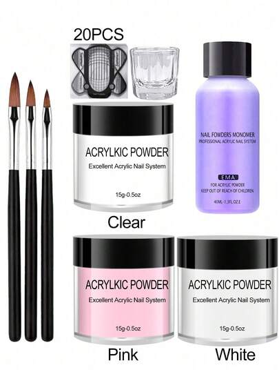 15g Acrylic Powder Nail Kit, Nail Acrylic Powder And Liquid Set, Crystal Liquid Set With Glitter 3D Nail Brush, Pink White Clear Nail Powder Kit, For Beginner DIY At Home With Acrylic Nail Brush. Acrylic Press On Nails