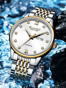 GUANQIN 1 buc Ceas luminos impermeabil pentru bărbați, cu cadran cu strasuri calendaristice, curea din oțel inoxidabil rezistentă la uzură, modă Business Luxury Sportiv Clasic Simplu Casual Stil mecanic Ceas cu cuarț automat pentru bărbați, potrivit pentru Halloween, Crăciun, Ziua Tatălui, studenți, festivaluri, întâlniri, afaceri, zilnic, cadouri