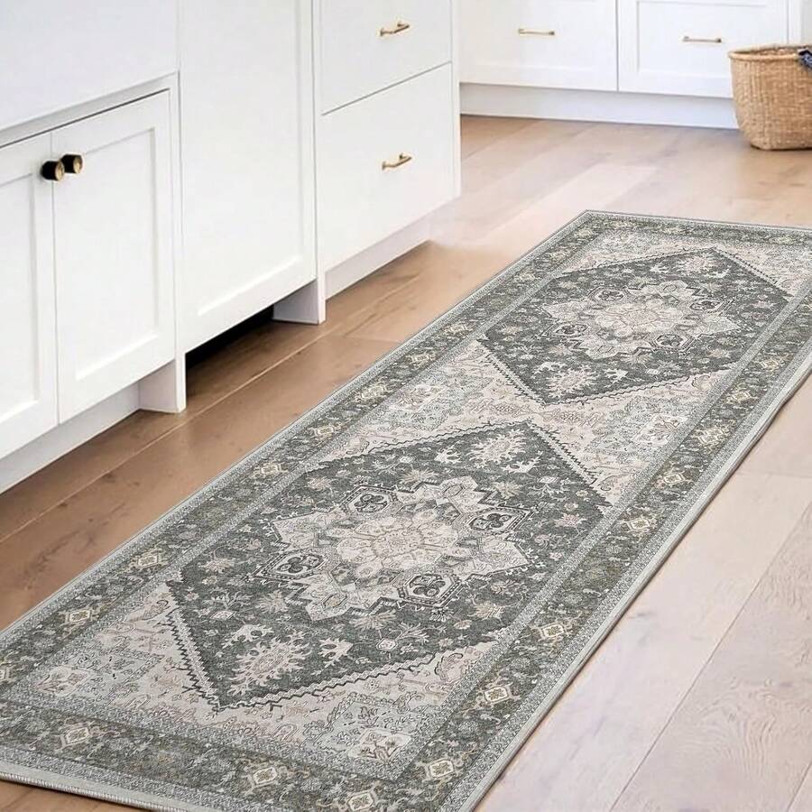 Soft Neutral Area Rugs 5x7, Washable Rug With Non Slip Backing, 5 X 7 Faux Cashmere Low-Pile Carpet, Cream White & Blue & Light Brown, 2025 Design - Greenish Grey - View 1