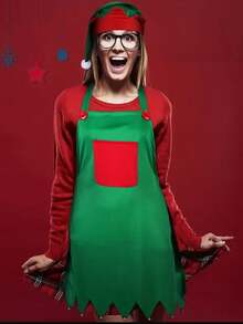 2 件圣诞狂欢派对围裙和帽子套装，圣诞围裙和帽子，适合圣诞派对服装和用品 - 綠色 - 查看 2