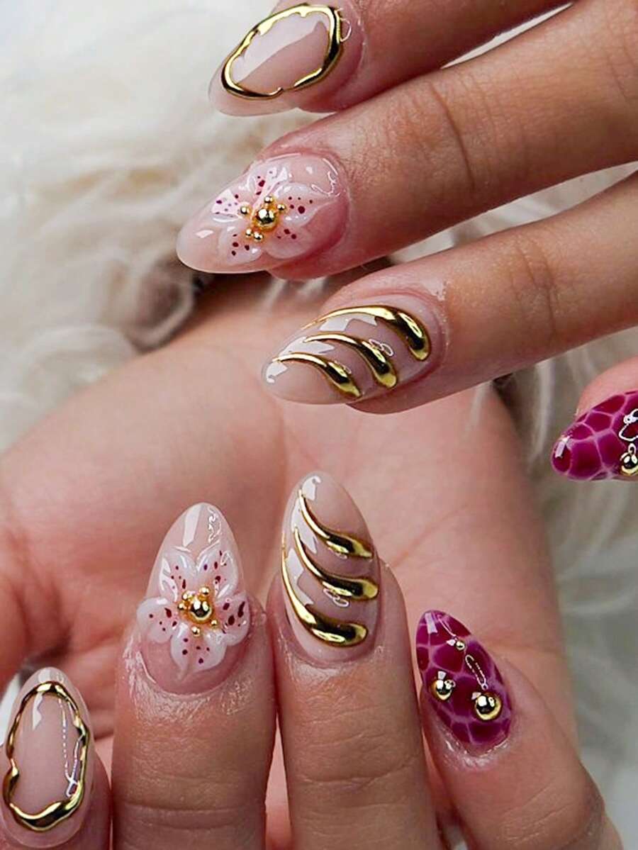 Bộ 24 miếng dán móng tay hình hạnh nhân, họa tiết vân đá cẩm thạch vàng, thiết kế hoa 3D dễ thương, bộ móng giả đính hạt vàng 3D (bao gồm: 1 gel dán và 1 dũa móng), thích hợp cho móng tay hàng ngày của nữ giới khi hẹn hò và dự tiệc. - Nhiều màu - Xem 1