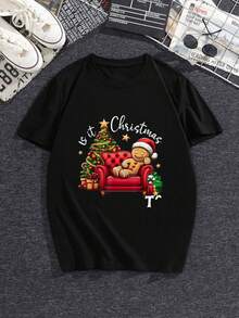Black Christmas T-Shirt with Santa Cat and Tree Print, It's Christmas Text, Casual Holiday Wear for Men and Women - Negro - Ver 3