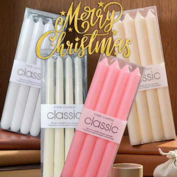 4 piezas de nuevas velas europeas sin humo y sin olor, de 25*2,2 cm en estilo recto/cónico, en colores blanco marfil/rosa/blanco, decoración romántica para bodas/fiestas occidentales, adecuadas para Navidad, San Valentín, Pascua para crear una atmósfera festiva única