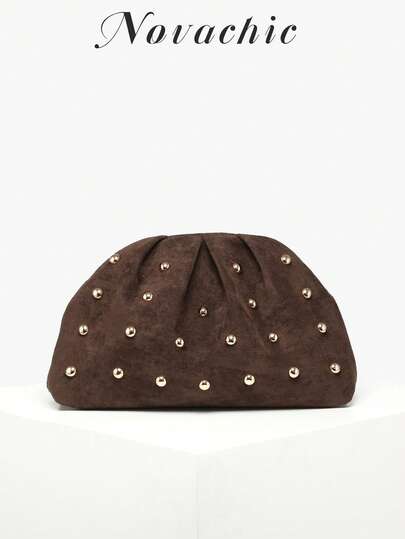 1pc Soft Suede Ruched Clutch Bag With Rivet Decor, Chocolate Brown, Vintage Minimalist Fashion, Suitable For Daily Use And Occasions, Wedding, Graduation