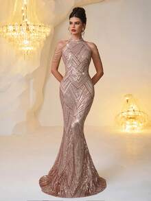 Váy dạ hội trang trọng cổ đứng đính hạt pha lê đính cườm kiểu đuôi cá thanh lịch dành cho nữ, thích hợp cho các bữa tối trang trọng, tiệc tùng, đám cưới, chụp ảnh sinh nhật, các dịp trang trọng, đêm hẹn hò - Vàng - Xem 4