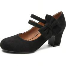 Enelauge Women's Mary Jane Heels With Bow Retro Closed Round Toe Pumps Sweet Ankle Strap Low Block Heels Chic Bowtie Vintage Dress Wedding Party Office Daily ShoesChristmas - 黑色絨面革 - 查看 12