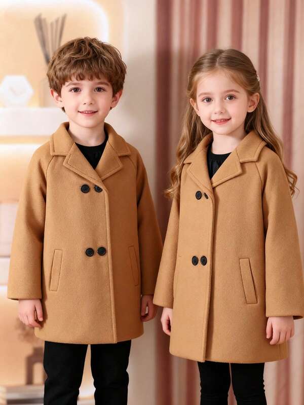 1 pieza Abrigo de lana de doble botonadura de unicolor de largo medio para niñas, adecuado para uso diario, en casa y casual al aire libre, otoño/invierno