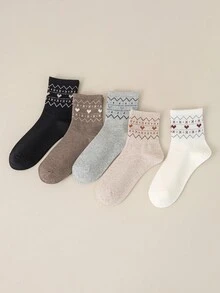 5 Pairs Women's Socks, Fair Isle Style Mid-Calf Socks, British Style Socks, Student Socks, Casual Simple Versatile Student Socks, Suitable For Daily Casual, Sports, Home, Commuting, Gifts, Suitable For All Occasions And Festivals, All Seasons Christmas Gift - Multicolor - View 2