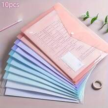 10pcs A4 Plastic File Bags, Thickened Transparent Snap Closure, Waterproof PP Material, Classic Style, Macaron Colors, Student Document Storage Pouches