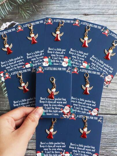 10 pezzi Set di portachiavi natalizi con angeli rossi e dorati lucidi, con cartoline abbraccio - Ciondoli a forma di angeli alati, per bomboniere di feste di Natale, matrimoni, compleanni, portachiavi (confezione multipla, angeli rossi lucidi), decorazioni natalizie