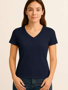Women's Basic Short Sleeve V-Neck Blouse - Beige - View 2