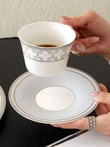 1 套优雅欧式奢华咖啡杯碟，高端骨瓷四叶草图案陶瓷杯，适合下午茶、咖啡厅、客厅、餐厅、派对 - 銀灰 - 查看 4