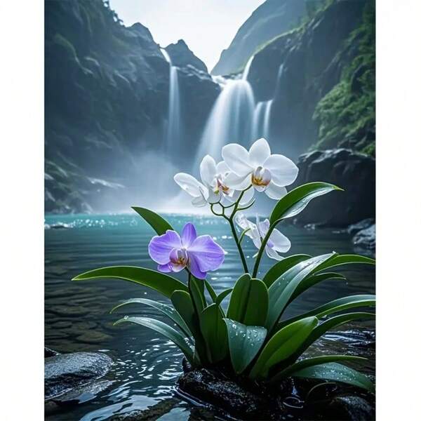 1pc 5D DIY Diamond Painting Kit, Orchid Flower Under Waterfall Pattern, Suitable For Adult Beginners, Diamond Art Home Wall Decor And Gift