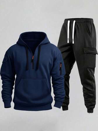 Men's Casual Half-Zip Hoodie And Cargo Pants Set, Outdoor Minimalist Style