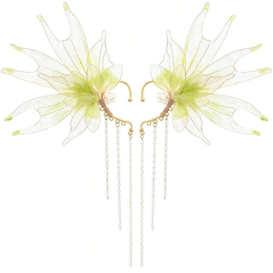 Stunning Mermaid Elf Ear Cuffs With Pearl Tassel, Non Piercing Elven Wrap Clip On Earring For Anime Cosplay Costumes, Halloween Mermaid Accessories Women Men{"Color_name":"Green","Size_name":"OneSize"} - 綠色 - 查看 1