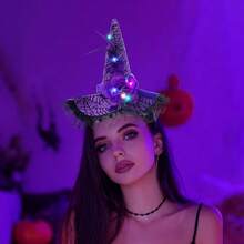 Halloween Witch Hat Headband Light Up Witch Hairband Glitter Lace Flower Feather Headpiece For Women